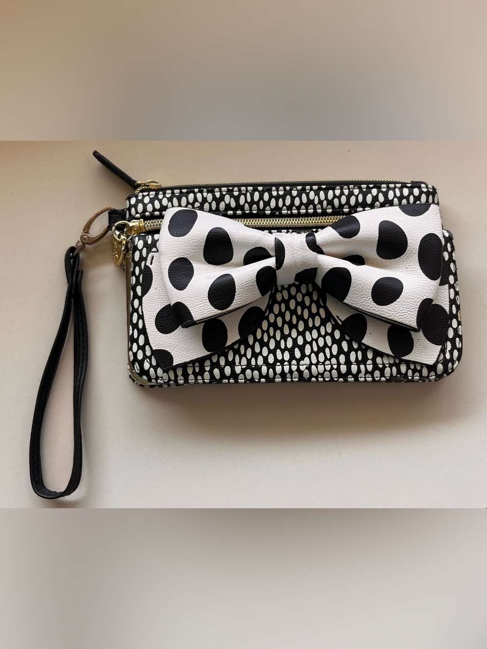 Betsey Johnson Black & White Polka Dot Bow Wristlet Wallet